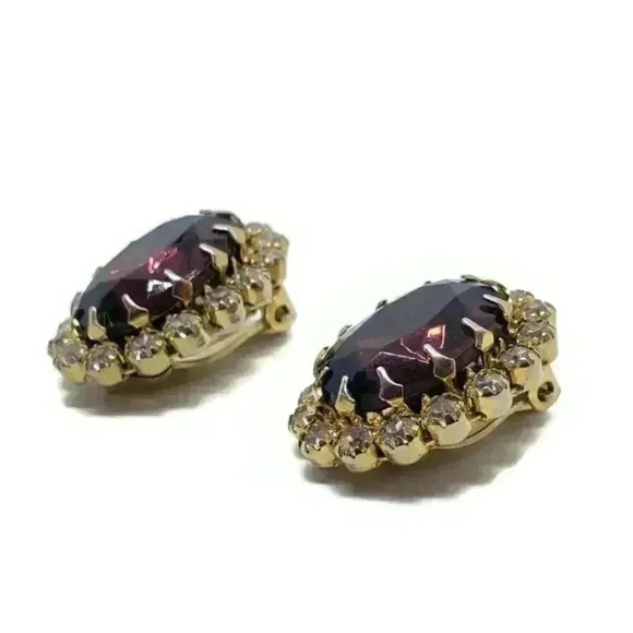 Vintage Earrings BIG PURPLE Faceted Rhinestone Clear Stones Clips Austria - Picture 4 of 7
